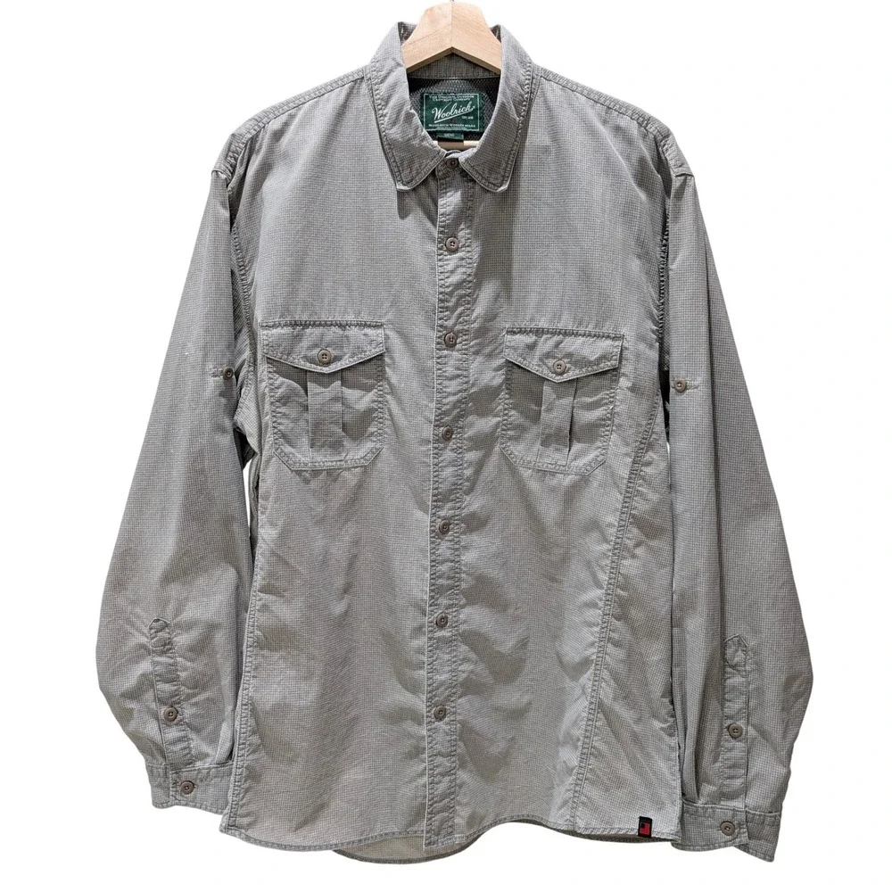 Woolrich Mens Roll-up Long Sleeve Button Up Gray Outdoor Top Large Back‎ Vent